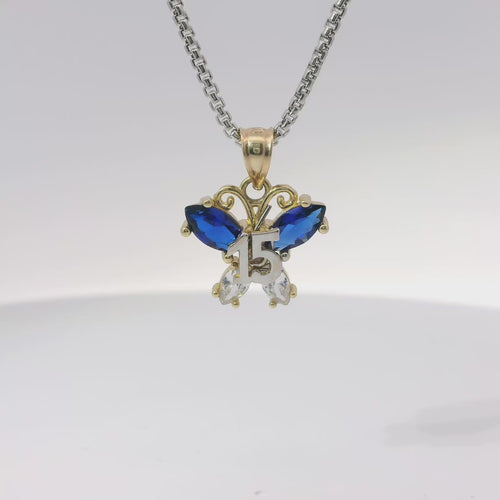 14KT Gold Charm Small Two Tone Quinceanera Butterfly with Navy Blue CZ Stones Top Wings and White CZ Stones Lower Wings and Plain Bell