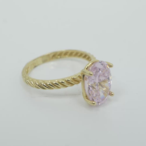 14KT Gold Ring Women's Pink Oval 4 Prong Plain Rope Band