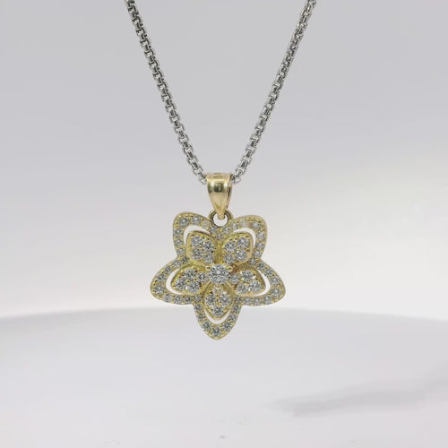 14KT Gold Charm Five Petal White Flower with White CZ Stones Border and Plain Bell
