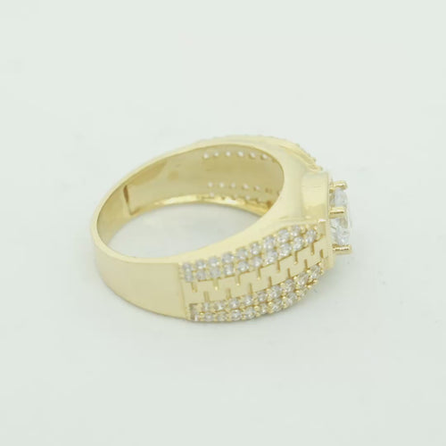 14KT Gold Ring Men's Square White CZ Round Center Stone Plain Platform Border Side Design Double Row White CZ Stones with Zig Zag Zipper Print