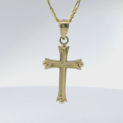 14KT Gold Charm Extra Small Dot End Split Tip Cross with Stripe Back, Lattice Front, and Plain Bell