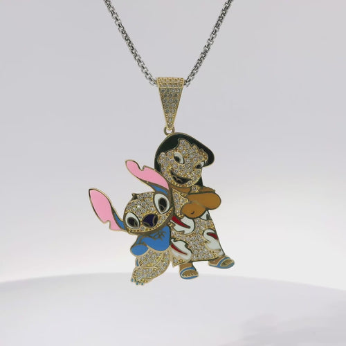14KT Gold Charm Large Lilo and Stich Enamel with White CZ Stone Body and Bell