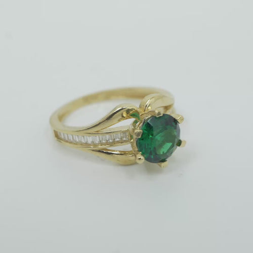 14KT Gold Ring Women's Dark Green Round 6 Prong Center CZ with White Baguette CZ Band and Plain Lips Border