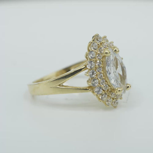14KT Gold Ring Women's Marquise White Center CZ with Round Double CZ Border Plain Split Band