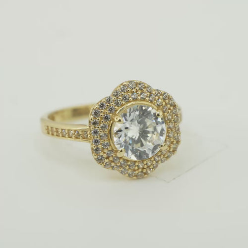 14KT Gold Ring Women's Flower White CZ Stone Center with White CZ Stones Hexagon Petal Border and Band