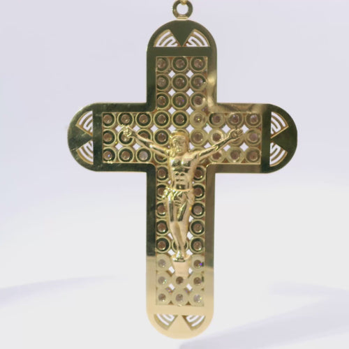 14KT Gold Charm Giant Rounded End Cross with Jesus Crucifix Center and White CZ Stones Background with Plain Border and Plain Bell