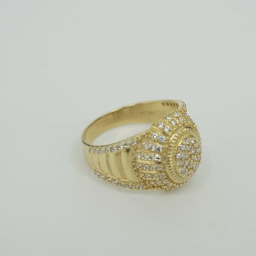 14KT Gold Ring Men's Oval 20 White CZ Stones Cluster Center with Plain Ribbed Border and Double Row White CZ Stones Sunray Pattern Border Side Design Single Row White CZ Stones Edge with Four Plain Ribbed Bars in Center