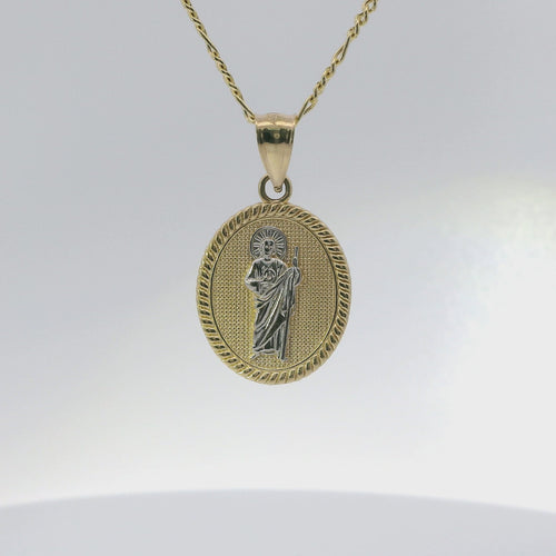 14KT Gold Charm Small Oval Two Tone St Jude Coin with Rope Border and Plain Bell