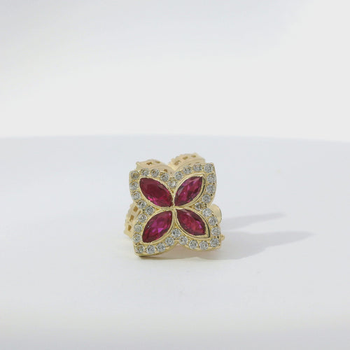 14KT Gold Earrings Small 3D Dark Pink Marquise CZ Stones Four Leaf Clover with White CZ Stones Border, Plain Edge, and Push Back Post with Butterfly Backs