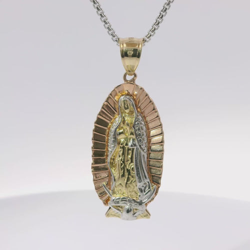 14KT Gold Charm Jumbo Tri Tone Virgin Mary with White Gold Robe and Plain Bell