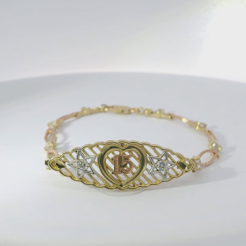 14KT Gold Bracelet Women's Tri Tone "15" Quinceanera Plain Heart Outline / Two Stars with White CZ Stone Centers and Stripe Background Center Plaque with Alternating White CZ Stone / Eye Shape Band 4.5mm