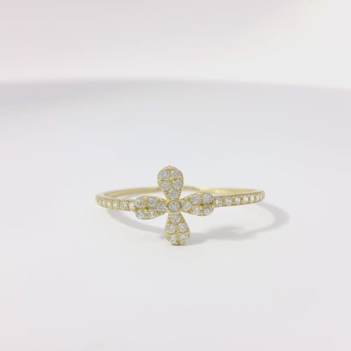 14KT Gold Ring Women's Light Weight White CZ Stones Four Petal Flower Center and Band
