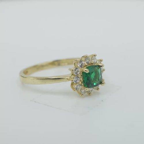 14KT Gold Flower Women's Ring Square Dark Green Center with White CZ Stone Petals Border Plain Band