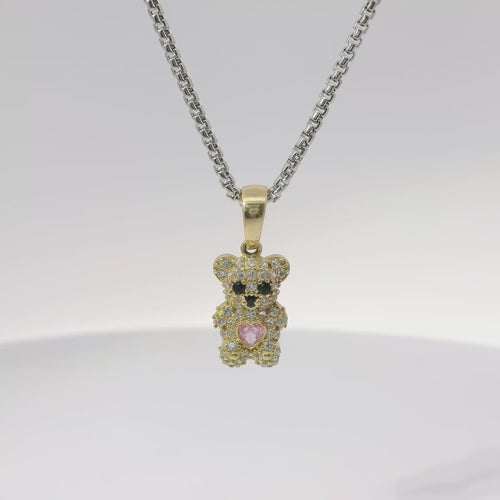 14KT Gold Charm Extra Small White CZ Stones Teddy Bear with Pink Heart Belly and Plain Bell