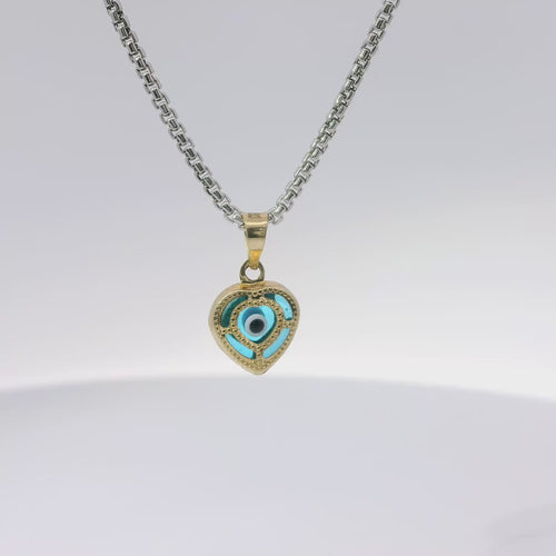 14KT Gold Charm Small 3D Turquoise Heart Evil Eye with Plain Bell