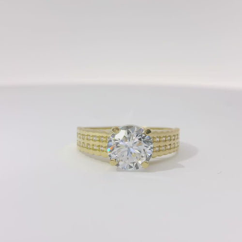 14KT Gold Ring Women's 4 Prong Round White CZ Stone Cushion Cut Solitaire with Double Row CZ Stone Scalloped Band