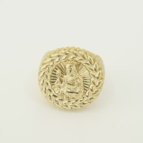 14KT Gold Ring Men's Round St. Barbara Wreath Border White CZ Stones Leaf Pattern on Shank (Two White CZ Stones in each Leaf)