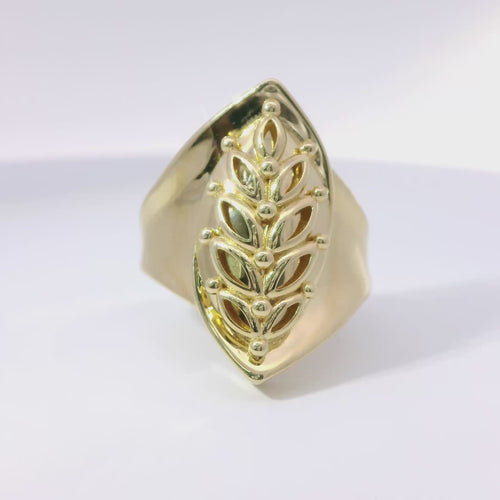 14KT Gold Ring Women's Plain Raised Branch with Marquise Leaves with Dots as Berries and Plain Band