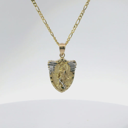 14KT Gold Charm Small Two Tone Gardian Angel Shield Shape Coin with White Gold Diamond Cut Wings and Plain Bell