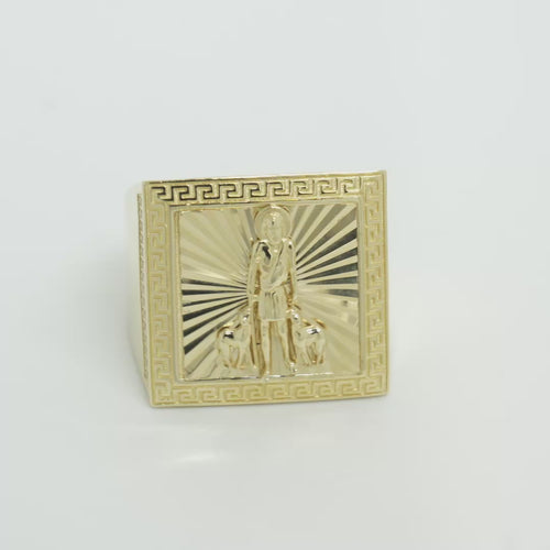 14KT Gold Ring Men's Square St. Lazarus Greek Border with White CZ Double Row Side Stones