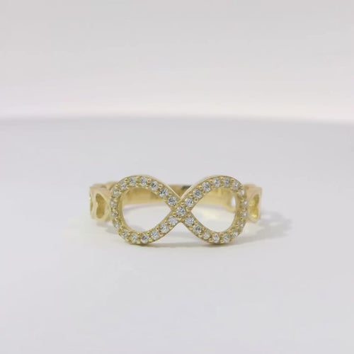 14KT Gold Ring Women's White CZ Stone Infinity Loop with Four Plain Open Hearts on Sides of Band
