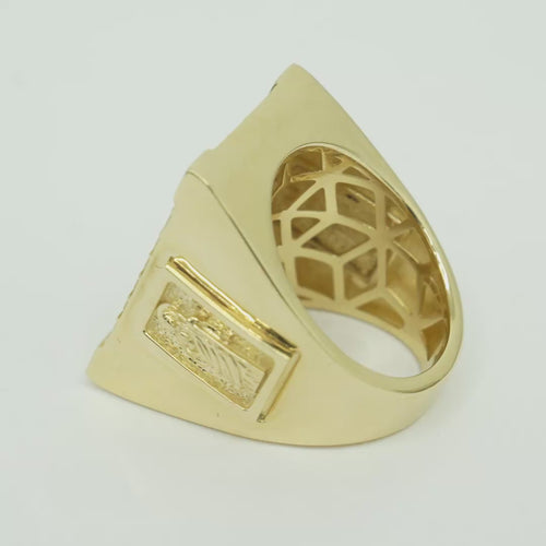 14KT Gold Ring Men's Two Tone Rectangle Raised St. Jude Greek Border Band Design St. Jude Portrait Plain Border