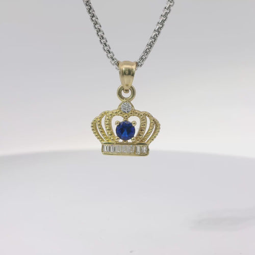 14KT Gold Charm Mini Open Crown Royal Blue Round CZ Stone Center White Baguette CZ Stones Band and Plain Bell