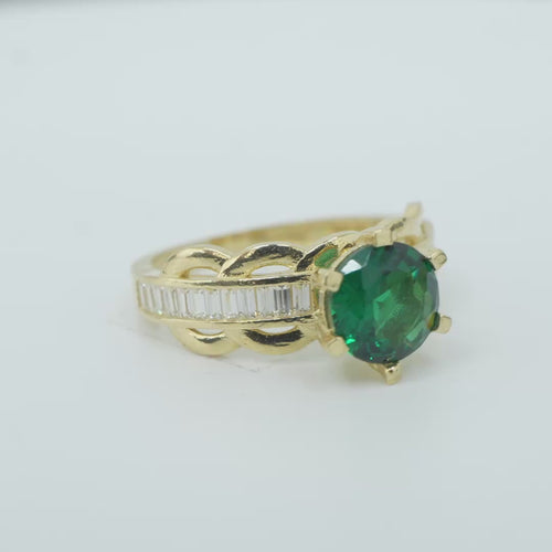 14KT Gold Ring Women's Round Dark Green 6 Prong Center CZ Scallop Border Baguette Band