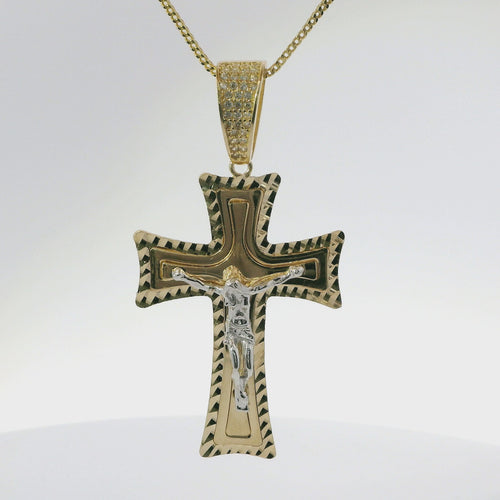 14KT Gold Charm Large Two Tone Diamond Cut Plain Center Platform Crucifix Cross with White CZ Stone Bell