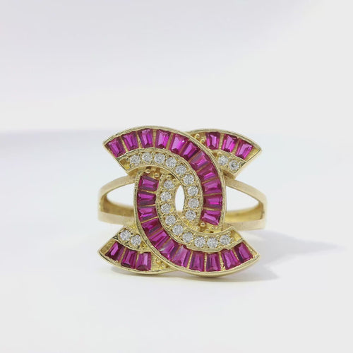 14KT Gold Ring Women's Jumbo Dark Pink and White CZ Stone CC Center with Plain Split Band