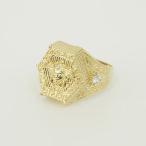 14KT Gold Ring Men's Hexagon Raised Medusa Head with Vertical Striped Background Greek Border Band Design Single Round White CZ Stone Solid Greek Band Border