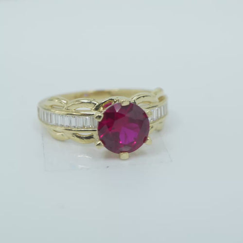 14KT Gold Ring Women's Round Red 6 Prong Center CZ Scallop Border Baguette Band