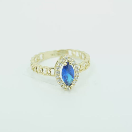 14KT Gold Ring Women's Marquise Navy Blue Center Stone with White CZ Stone Border Chino Band