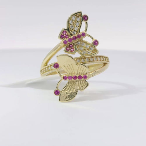 14KT Gold Ring Women's Bypass Butterfly with White CZ Stone Wings Dark Pink CZ Stone Body on Each End White CZ Stone Center Band