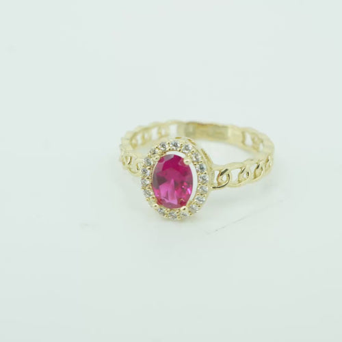 14KT Gold Ring Women's Oval Red Stone with White CZ Stone Border Chino Band