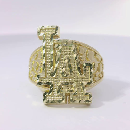 14KT Gold Ring Unisex Jumbo Nugget Raised "LA" (Los Angelos) and Plain Nugget Band