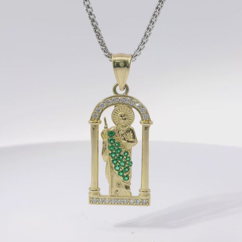 14KT Gold Charm Medium White CZ Stones Archway St Jude with Green CZ Stones Robe and Plain Bell