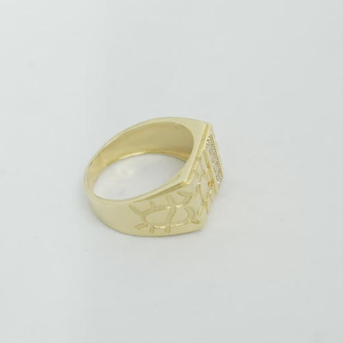 14KT Gold Ring Unisex Square Nugget with White CZ Stone Stripe
