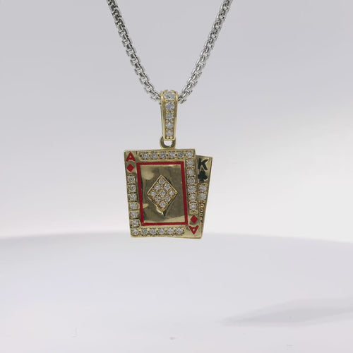 14KT Gold Charm Playing Cards Red Ace of Diamond Black Enamel King of Club with White CZ Stone Border and Bell