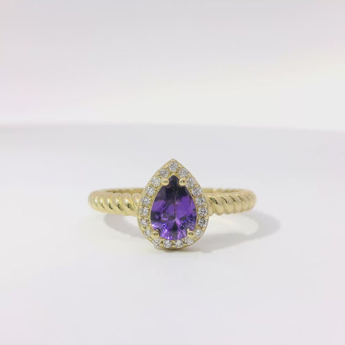 14KT Gold Ring Women's Purple Pear Shape Center CZ Stone White CZ Stones Border Plain Rope Band