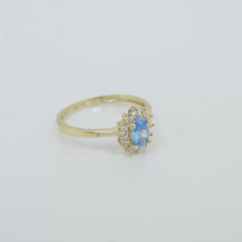 14KT Gold Ring Women's Flower Oval Turquoise Center Stone with White CZ Stone Petals Border Plain Band