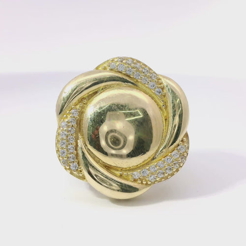 14KT Gold Women's Ring Mini Six Petal Pinwheel Flower Plain Center White CZ Stones on Petals with Triple Row White CZ Stones on Edge and Plain Band
