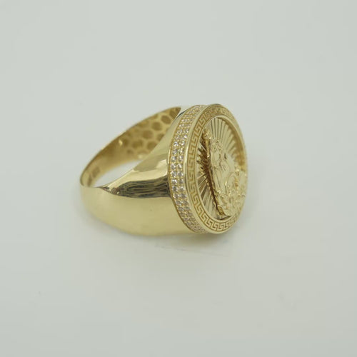 14KT Gold Ring Men's Round Caridad Cobre Greek Border Double Row White CZ Stones Outside Border Plain Band