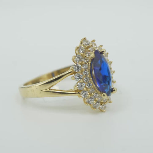 14KT Gold Ring Women's Marquise Navy Blue Center CZ with Round Double CZ Border Plain Split Band