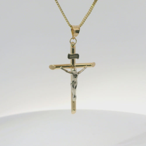 14KT Gold Charm Medium Two Tone Hollow Tube Slant Ends Crucifix Cross with Plain Bell