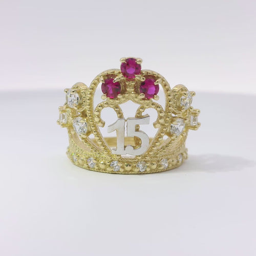 14KT Gold Ring Women's Two Tone "15" Quincenaera Tall Tiara Dark Pink Top Stones with 3 White CZ Stones on Crown Sides White CZ Stone Band