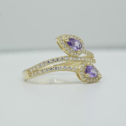 14KT Gold Ring Women's Two Purple Pear End Stones with White CZ Stones Border and White CZ Stones Split Bypass Band