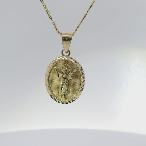 14KT Gold Charm Small Oval Angel Coin with Diamond Cut Border and Plain Bell