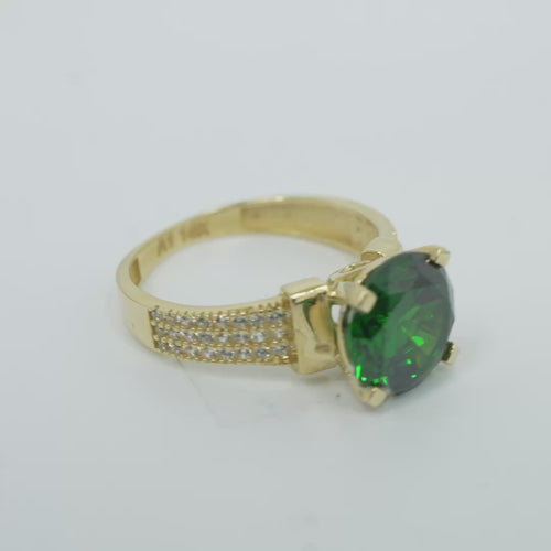 14KT Gold Ring Women's Jumbo Round Dark Green Center CZ Stone Plain Shoulders Triple Row of White CZ Stones Band