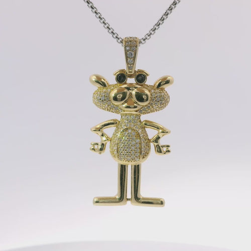 14KT Gold Charm White CZ Stones Pink Panther with Black CZ Eyes and White CZ Stones Bell
